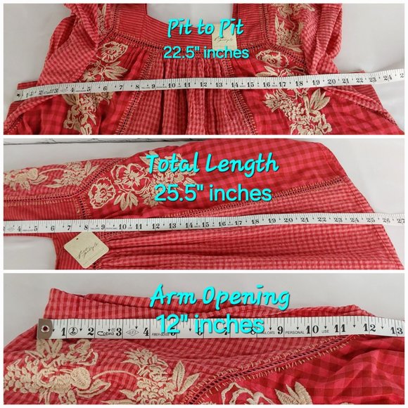 'FREE PEOPLE' 'BEĹĹA' EMBROIDED SQUARE-NECK PEASANT TOP FLUTTER-SLEEVE GINGHAM - Picture 13 of 16